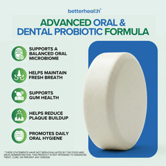 Oral probiotic product with benefits listed on a light blue background
