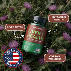 Supplement bottle labeled 'Liver Health' on a background of thistle plants with health benefits text.