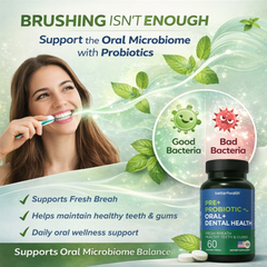 Advertisement for probiotic dental health supplement with a woman brushing her teeth and text about supporting the oral microbiome.