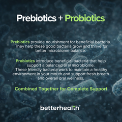 Advertisement for prebiotics and probiotics with text and bacteria imagery on a dark background.