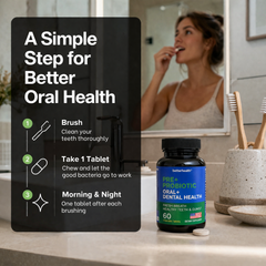 Bottle of prebiotic tablets for oral health on a bathroom counter with a woman brushing her teeth.