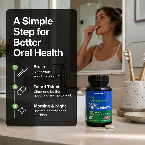 Bottle of prebiotic tablets for oral health on a bathroom counter with a woman brushing her teeth.