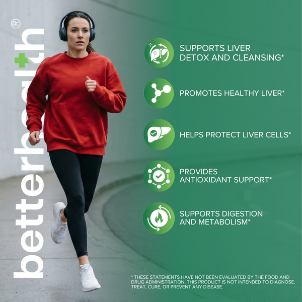 Person running with 'betterhealth' branding and health benefits listed on a green background