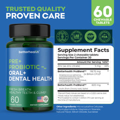 Supplement bottle labeled 'Pre+Probiotic Oral+Dental Health' with supplement facts on a blue background