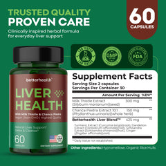 Supplement bottle labeled 'Liver Health' with supplement facts on a green background