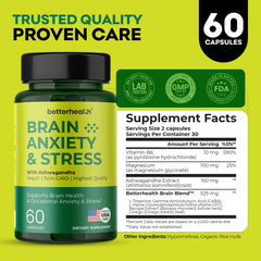 Supplement bottle labeled 'Brain Anxiety & Stress' with label details on a green background