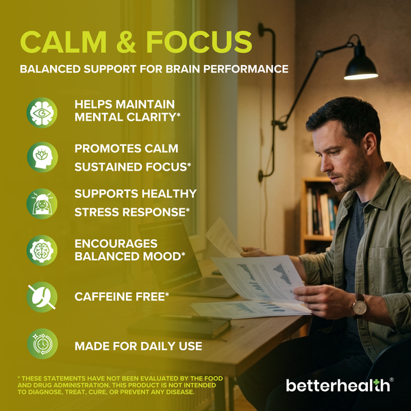 Man reading a book with text about balanced support for brain performance on a green background.