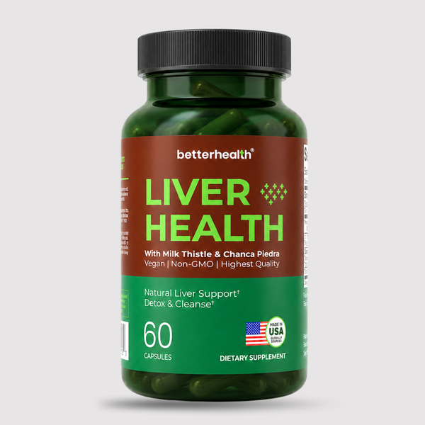 Supplement bottle labeled 'Liver Health' with branding on a light gray background