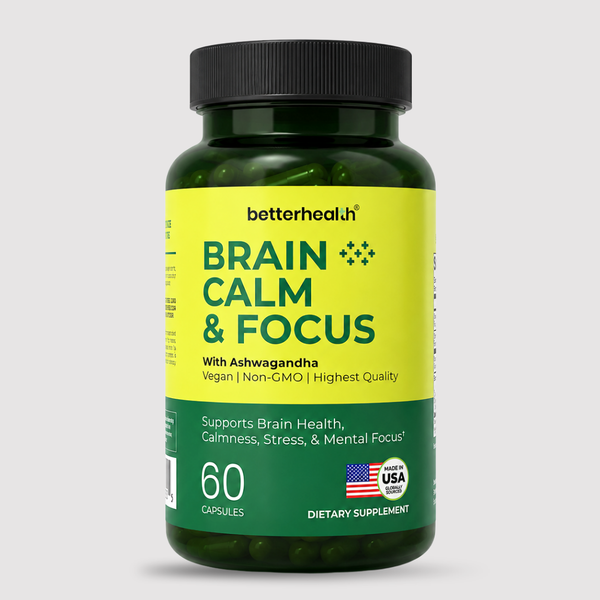 Supplement bottle labeled 'Brain Calm & Focus' with green and yellow label on a light gray background